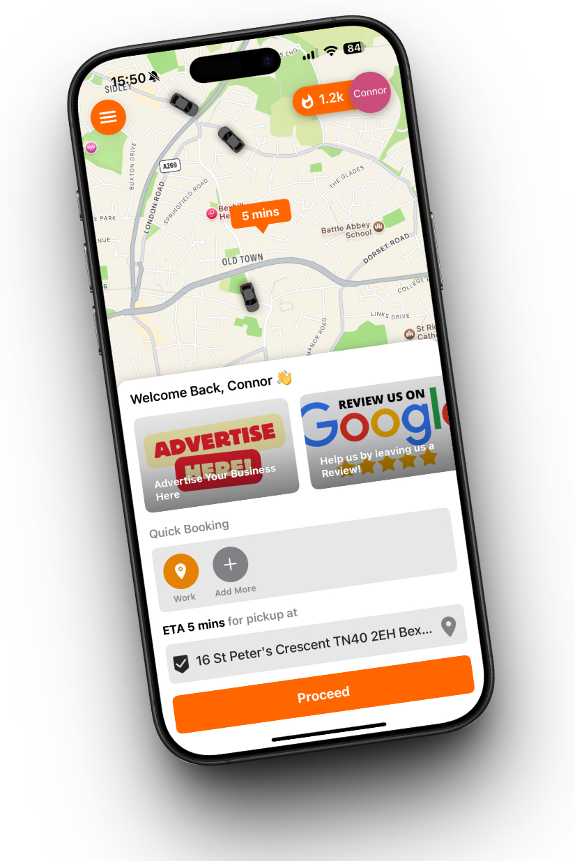 247 Taxis app — live map with cabs and a quick booking screen for a Bexhill pickup